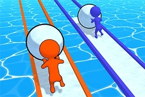 Dos figuras en colores naranja y azul empujan bolas blancas sobre caminos paralelos rodeados de agua