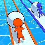Dos figuras en colores naranja y azul empujan bolas blancas sobre caminos paralelos rodeados de agua