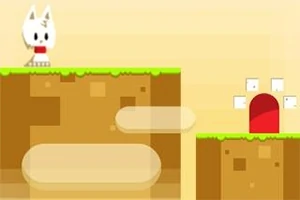 Personaje de gato blanco con bufanda roja en plataforma de bloques de tierra frente a puerta roja