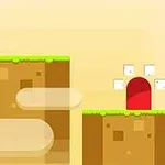 Personaje de gato blanco con bufanda roja en plataforma de bloques de tierra frente a puerta roja