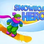 Persona con ropa colorida haciendo snowboard en una pendiente nevada con árboles cubiertos de nieve y el texto SNOWBOARD HERO en el cielo