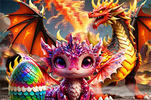 Dragón bebé colorido frente a un dragón adulto lanzando fuego, con un huevo de escamas multicolores al lado