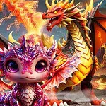 Dragón bebé colorido frente a un dragón adulto lanzando fuego, con un huevo de escamas multicolores al lado