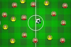 Jugadores de camiseta roja y amarilla distribuidos en un campo de fútbol verde con un balón en el círculo central