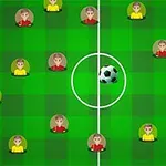 Jugadores de camiseta roja y amarilla distribuidos en un campo de fútbol verde con un balón en el círculo central