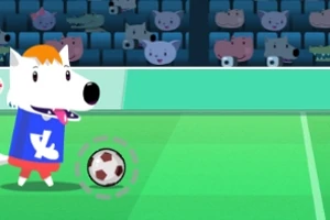 Un perro animado con camiseta azul y pantalones rojos está en un campo de fútbol, con una pelota a sus pies y un fondo de espectadores animales