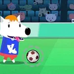Un perro animado con camiseta azul y pantalones rojos está en un campo de fútbol, con una pelota a sus pies y un fondo de espectadores animales
