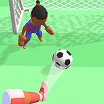 Dos personajes con uniformes rojo y azul juegan fútbol en una cancha verde mientras un balón se acerca a la portería