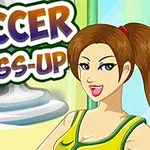 Dibujo de una mujer sonriente con camiseta deportiva junto a las palabras Soccer Dress-Up en colores llamativos