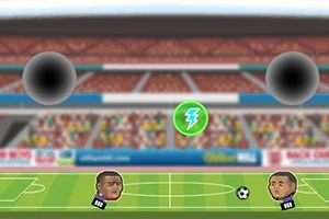 Dos caricaturas de jugadores de fútbol en una cancha con un balón, un símbolo de poder y fondos de estadio desenfocados