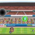 Dos caricaturas de jugadores de fútbol en una cancha con un balón, un símbolo de poder y fondos de estadio desenfocados