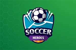 Un escudo con un balón de fútbol en la parte superior, acompañado de las palabras Soccer Heroes sobre un fondo verde con patrón hexagonal