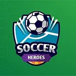 Un escudo con un balón de fútbol en la parte superior, acompañado de las palabras Soccer Heroes sobre un fondo verde con patrón hexagonal