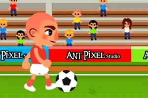 Un personaje de caricatura en uniforme rojo y blanco camina junto a un balón de fútbol en un campo, con espectadores en las gradas al fondo