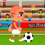 Un personaje de caricatura en uniforme rojo y blanco camina junto a un balón de fútbol en un campo, con espectadores en las gradas al fondo