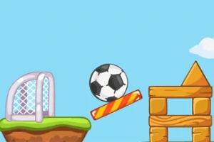 Fondo azul con un balón de fútbol que rebota cerca de una portería pequeña y una estructura de bloques de madera