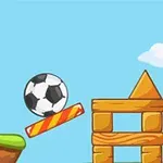 Fondo azul con un balón de fútbol que rebota cerca de una portería pequeña y una estructura de bloques de madera