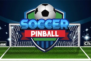 Un balón de fútbol sobre un escudo con texto que dice Soccer Pinball frente a una portería en un campo iluminado