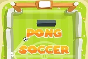 Campo de fútbol estilizado con texto Pong Soccer en letras naranjas y una pelota en movimiento