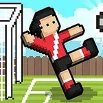 Un personaje en estilo pixel art pateando un balón de fútbol cerca de una portería en un campo verde