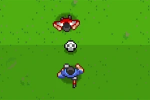 Vista aérea de dos jugadores con uniformes rojos y azules en un campo de fútbol pixelado, con un balón entre ellos