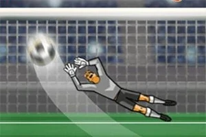 Portero de caricatura intentando detener un balón cerca de la portería