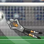 Portero de caricatura intentando detener un balón cerca de la portería