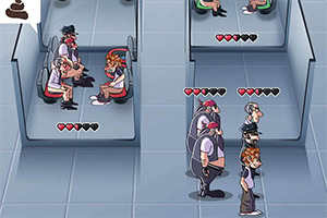 Personajes en una fila y en cabinas individuales en un entorno similar a una oficina, con medidores de vida sobre ellos