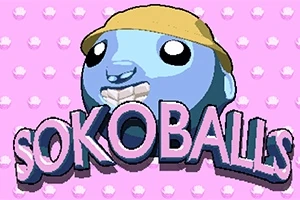 Una figura esférica con rostro sonriente y sombrero sobre un fondo rosa con puntos blancos, acompañada del texto Sokoballs
