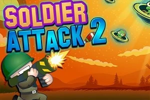 Soldado disparando un arma mientras ovnis con ojos grandes vuelan en un cielo anaranjado