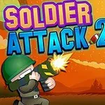 Soldado disparando un arma mientras ovnis con ojos grandes vuelan en un cielo anaranjado