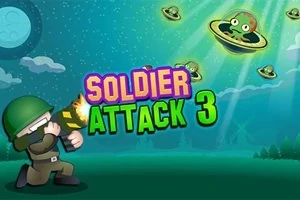 Un soldado caricaturesco dispara un arma hacia ovnis con ojos en el cielo nocturno iluminado, con el texto Soldier Attack 3 en el centro