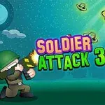 Un soldado caricaturesco dispara un arma hacia ovnis con ojos en el cielo nocturno iluminado, con el texto Soldier Attack 3 en el centro