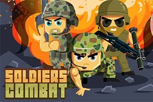 Tres soldados caricaturescos con uniformes de camuflaje y armas en un escenario de explosión
