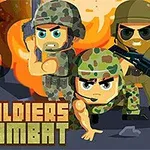 Tres soldados caricaturescos con uniformes de camuflaje y armas en un escenario de explosión