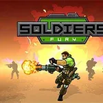 Un soldado en primer plano dispara un arma mientras cuatro siluetas de soldados avanzan en un fondo naranja y rojo bajo un logotipo verde y negro