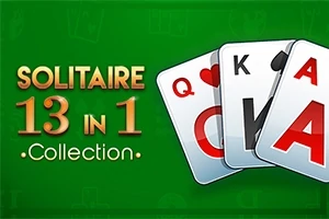 Cartas de juego con las letras Q, K y A sobre un fondo verde con el texto Solitaire 13 in 1 Collection