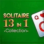 Cartas de juego con las letras Q, K y A sobre un fondo verde con el texto Solitaire 13 in 1 Collection