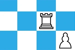 Tablero de cuadros blancos y azules con una torre y un peón negros