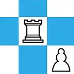 Tablero de cuadros blancos y azules con una torre y un peón negros