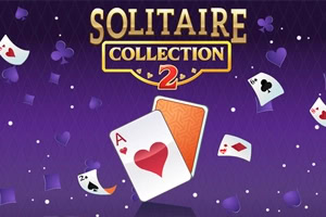 Cartas de juego con símbolos de corazones y tréboles sobre un fondo morado con el texto Solitaire Collection 2