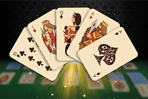 Cinco cartas de juego mostrando figuras y números con un fondo iluminado y brillante