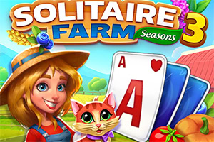 Una mujer sonriente con sombrero de paja y un gato sosteniendo cartas de naipes, rodeados de frutas y vegetales, con un paisaje de fondo