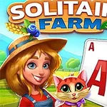 Una mujer sonriente con sombrero de paja y un gato sosteniendo cartas de naipes, rodeados de frutas y vegetales, con un paisaje de fondo