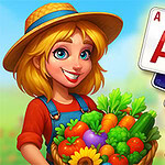 Una mujer sonriente con sombrero de paja sostiene una canasta de vegetales, acompañada de cartas de juego en el fondo