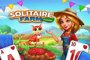 Mujer en atuendo de granjera sonriente junto a un gato anaranjado y cartas de juego, con decoraciones de banderines de colores en el fondo