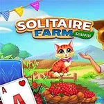 Mujer en atuendo de granjera sonriente junto a un gato anaranjado y cartas de juego, con decoraciones de banderines de colores en el fondo