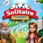 Cuatro personajes animados de pie junto a un letrero de Solitaire Garden rodeados de cartas de juego