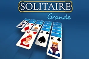 Cartas de juego con figuras de reina y rey en un diseño de un juego de solitario sobre un fondo azul con texto que dice Solitaire Grande