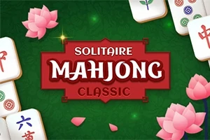 Fichas blancas de Mahjong con símbolos chinos y flores de loto rosadas sobre un fondo verde, con el texto Solitaire Mahjong Classic en el centro